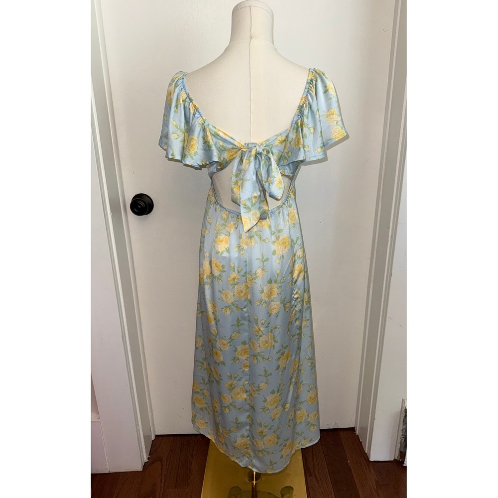 Altar'd State Blue Yellow Floral Satin Midi Dress Tie Back Cutout Small NWT - Picture 2 of 6